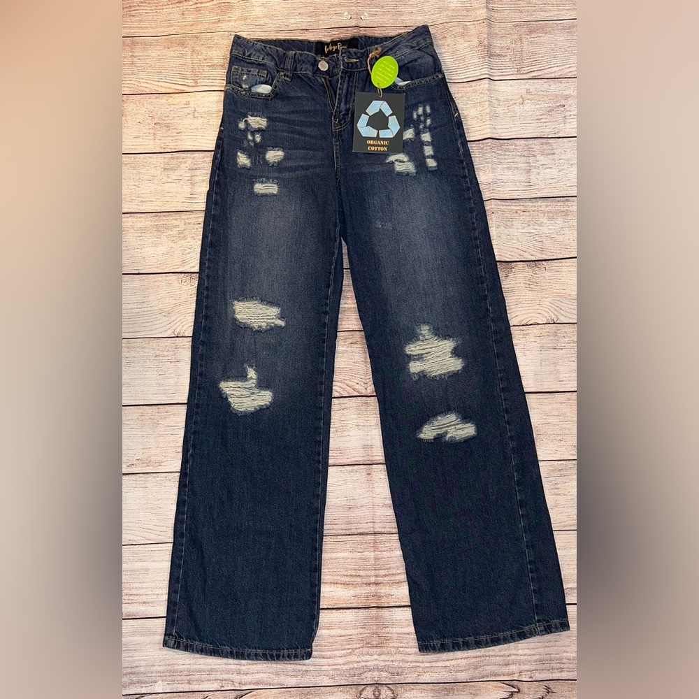 Indigo Rein Dark Blue Distressed Wide Leg Jeans